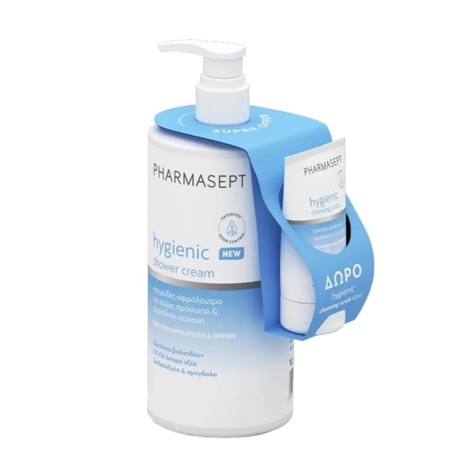 Pharmasept Promo Hygienic Shower Cream Αφρόλουτρο για Σώμα, Πρόσωπο & Ευαίσθητη Περιοχή 1Lt & Δώρο Hygienic Cleansing Scrub Απαλό Scrub για Πρόσωπο & Σώμα 40ml