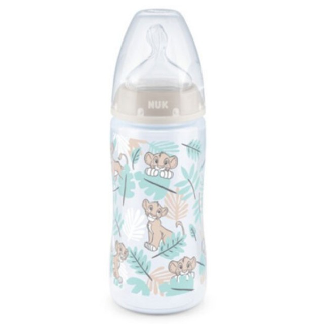 NUK First Choice + Disney Baby Lion King Μπιμπερό PP με Θηλή Σιλικόνης 6-18m & Ένδειξη Θερμοκρασίας, Χρώμα Γκρι 300ml