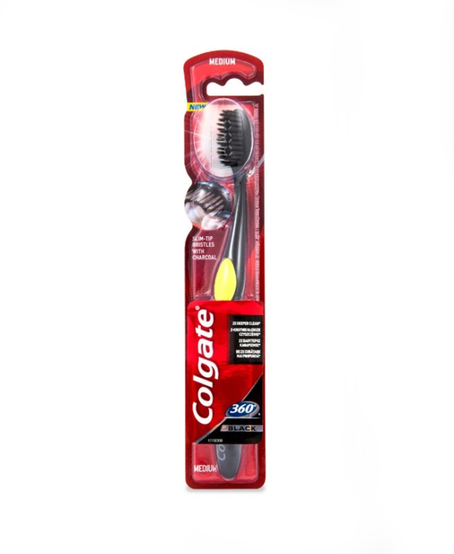 Colgate 360 Black Medium, Οδοντόβουρτσα Μέτρια, Χρώμα Μαύρο-Κίτρινο 1 Τεμάχιο