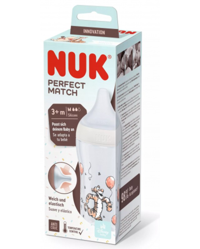NUK Winnie the Pooh Perfect Match Μπιμπερό Πλαστικό 3m+ με Δείκτη Ελέγχου Θερμοκρασίας & Θηλή Σιλικόνης Mεσαίας Οπής Χρώμα Λευκό 260ml