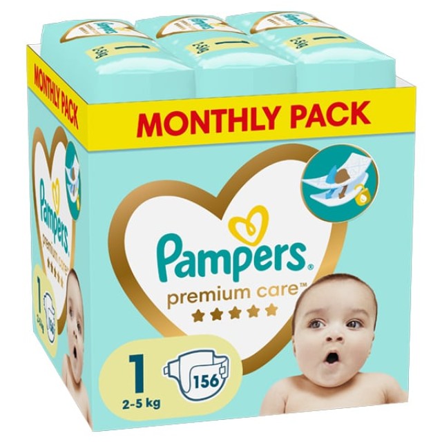 Pampers Premium Care No1 2-5kg Πάνες 156τεμ (Monthly Pack)