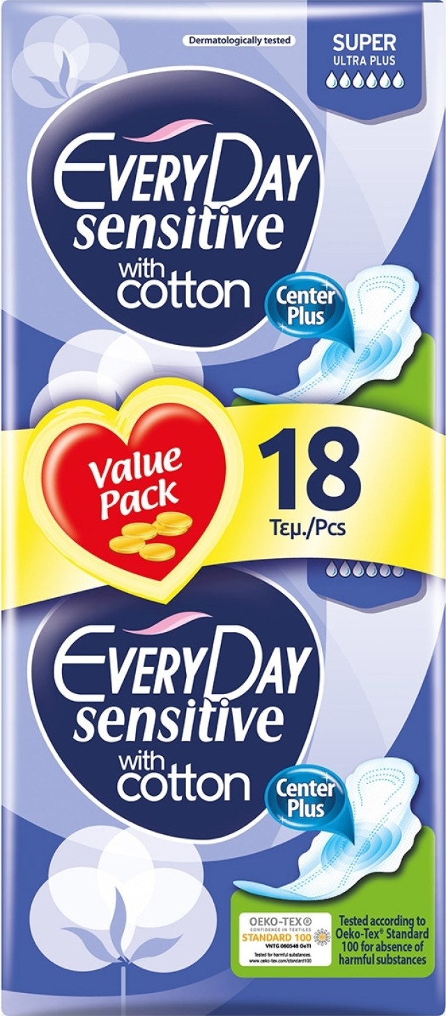 Everyday Sensitive with Cotton Super, Σερβιέτες Μεγάλου Μήκους, με Φτερά, 18 Τεμάχια