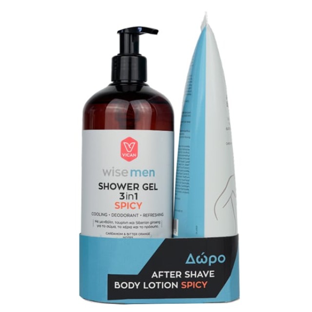 Vican Promo Wise Men Shower Gel 3 in 1 Spicy Αφρόλουτρο 500ml & Δώρο After Shave Body Lotion Spicy Ενυδατική Λοσιόν Σώματος, 200ml