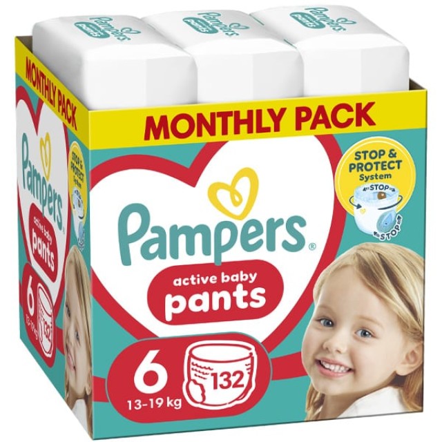 Pampers Active Baby Pants No6 15+ kg Πάνες - Βρακάκι 132τεμ (Monthly Pack)