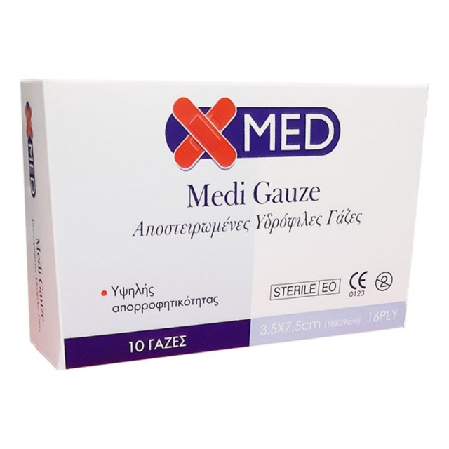 X-Med Medi Gauze Αποστειρωμένες Υδρόφιλες Γάζες 18x29cm 16ply 10 Τεμάχια