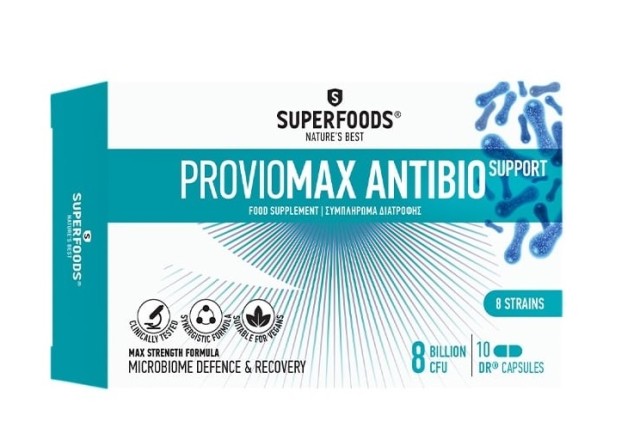 Superfoods Proviomax Antibio Support Microbiome Defence & Recovery 8 Billion CFU , Συμπλήρωμα Διατροφής Προβιοτικών 10 κάψουλες