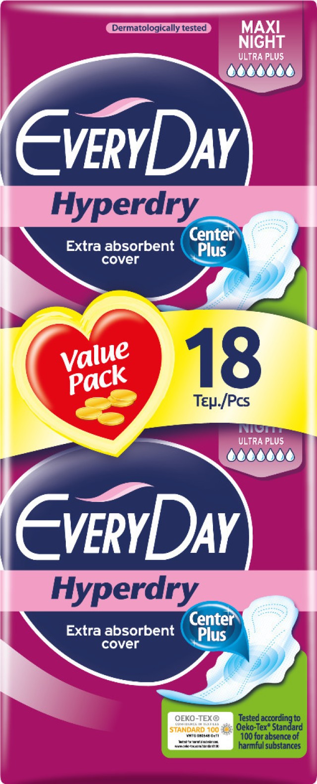 EveryDay Hyperdry Maxi Night Σερβιέτες Extra Προστασία, με Φτερά, 18 Τεμάχια
