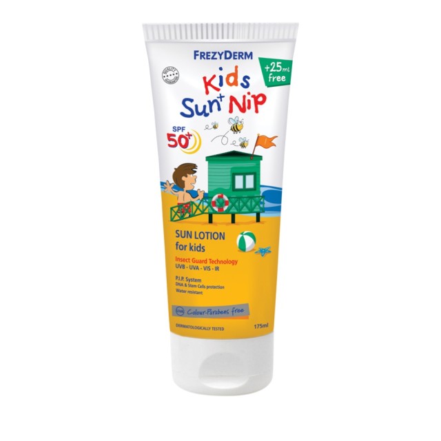 Frezyderm Kids Sun+Nip SPF50+ Αντηλιακό Γαλάκτωμα Για Παιδιά με Εντομοαπωθητικές Ιδιότητες 175ml 