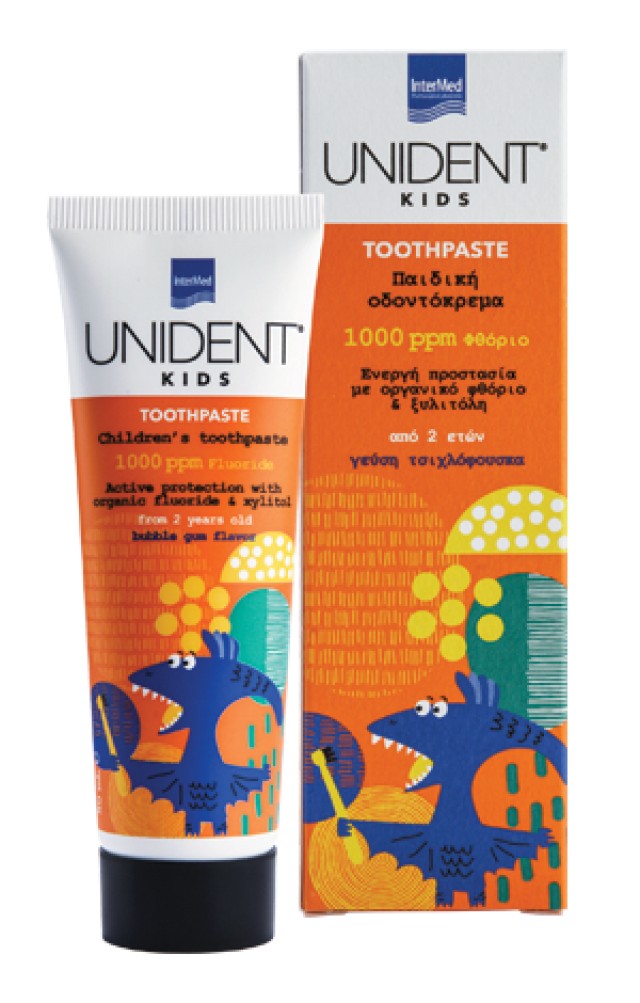 Intermed Unident Kids Toothpaste 1000ppm Φθοριούχος Οδοντόκρεμα από 2 Ετών, Γεύση Τσιχλόφουσκα 50ml