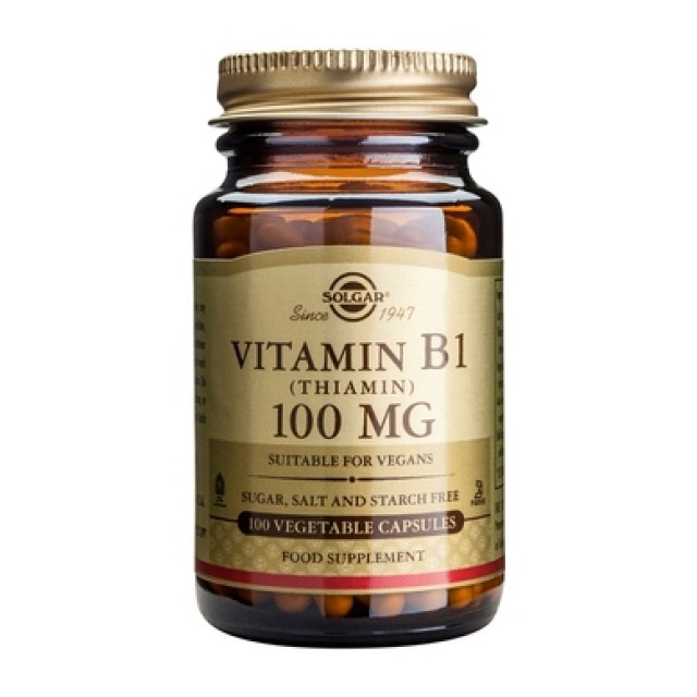 Solgar Vitamin B-1 (Thiamin) 100mg, 100Veg.Caps. Συμβάλλει στη φυσιολογική λειτουργία του νευρικού συστήματος