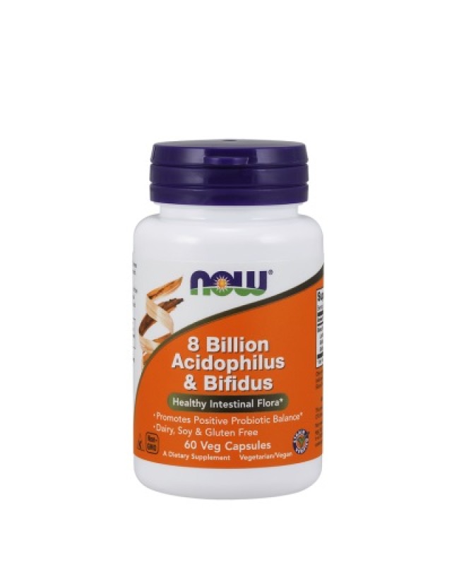 Now Foods Acidophilus/Bifidus 8 Billion, Συμπλήρωμα Διατροφής Για Υγιή Εντερική Χλωρίδα 60 Φυτικές Κάψουλες