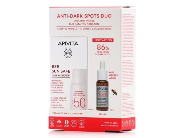 Apivita Promo Anti-Dark Spots Duo Bee Sun Safe Daily Age Repair Dry Touch Λεπτόρευστη Κρέμα Προσώπου κατά των Πανάδων & Ρυτίδων SPF50, 50ml & Δώρο C15 Propolis Correct Serum Αντιρυτιδικός & Αντιοξειδωτικός Ορός Λάμψης 10ml