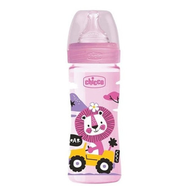 Chicco Well Being Anti-Colic System Πλαστικό Μπιμπερό με Θηλή Σιλικόνης Μέτριας Ροής 2m+ Χρώμα Ροζ 250ml