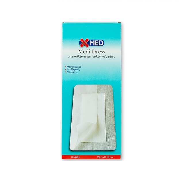 X-Med Medi Dress Αυτοκόλλητες Αντικολλητικές Γάζες 25cm x 10cm, 3 Γάζες